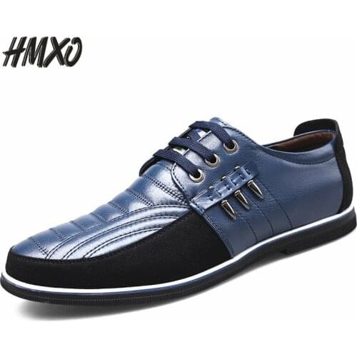 HMXO Large Size Mens Casual Shoes Fashion Business Blue Work Shoes Mens Stitching Color Soft Lace-up Casual Men Leather Shoes