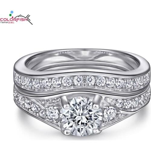 COLORFISH Retro Fashion Wedding Rings Set Women Double Stackable 925 Sterling Silver Sparkling Cubic Zirconia Sona Fine Jewelry