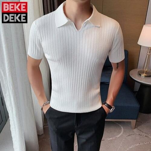 2021 Summer New Mens Stripe V-Neck Short Sleeve Pullover Korean Style T-Shirts Concise Fashion Male Slim Casual Solid Blouse