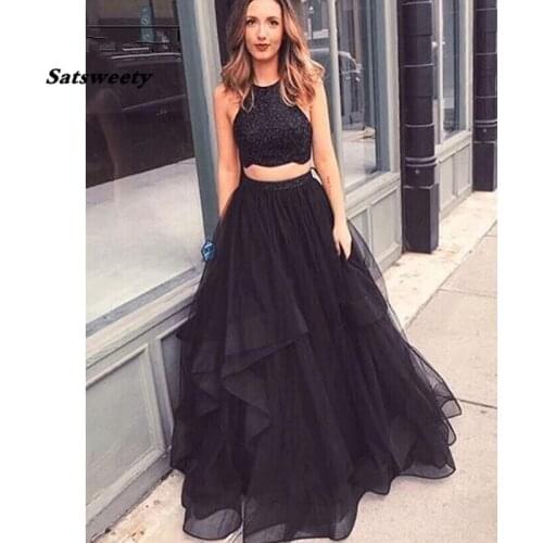 Charming Halter Two Piece Black Long Prom Dresses with Beading A-Line Party Maxys Ruffles Tulle Sparkly Prom Gowns Evening Dress