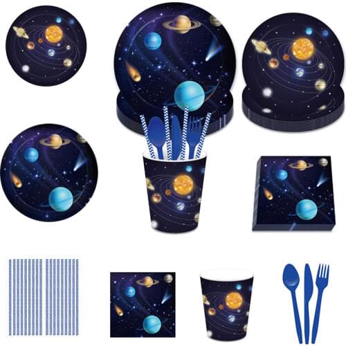 Disposable Planet Outer Space Theme Paper Plate Cups Napkin for Kids Birthday Party Solar System Tableware Christmas Decor