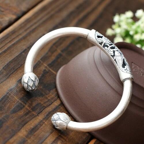 Silver Jewelry Wholesale Handmade S990 Sterling Silver Bangle Womens Full Silver Bangle Carp Lotus Royal Bangle