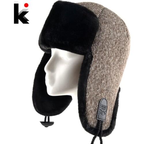 Knitted Bomber Hat For Men Winter Faux Fur Earflap Beanies Outdoor Warm Double Layer Snow Hats High Quality Mens Thick Gorras