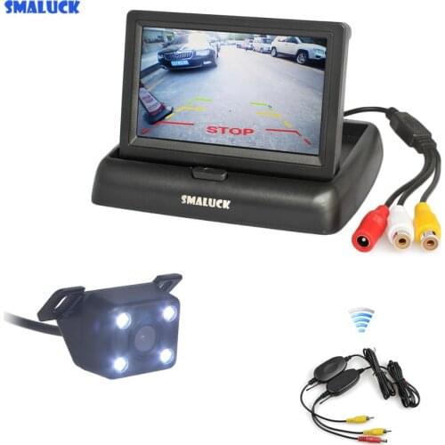 SMALUCK Wireless 4.3" Foldable Rear View Monitor Car Monitor LED Reversing Camera Car Camera Kit Back Up Parking Accessories