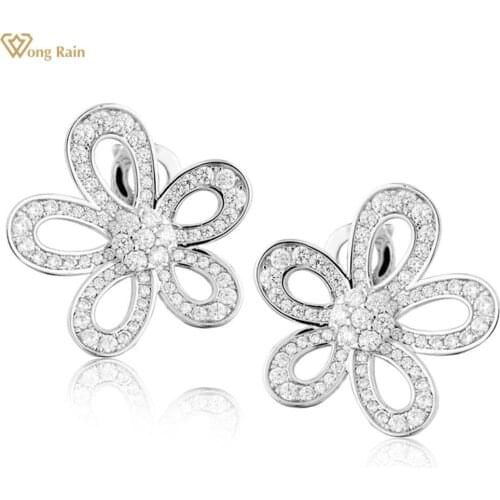 Wong Rain 100% 925 Sterling Silver Created Moissanite Gemstone Wedding Enagement Romantic Flower Eer Studs Earrings Fine Jewelry