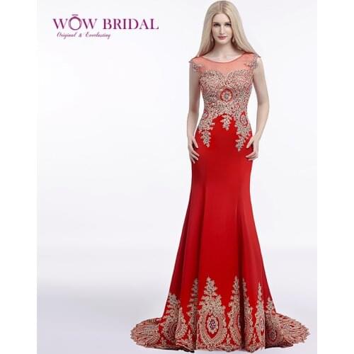 Wowbrial Noble Red Long Evening Dress 2021 O-Neck Sheer Tulle Open Back Pattern Appliqued Embroidery Beaded Mermaid Formal Dress