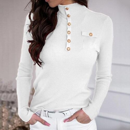 Women Solid Color Turtleneck Buttons Pockets Ribbed Slim Basic Knitwear blouses and shirts for ladies