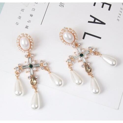 New Cross Water Drop Charm Pearl Pendant Long Dangle Earrings for Women Fashion Lady Girl Wedding Party Jewelry 6B4018