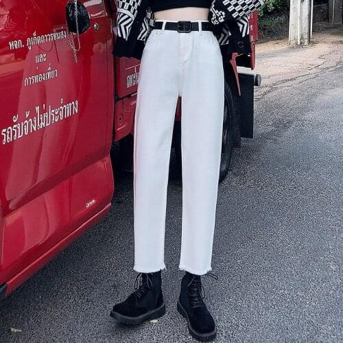 Women High Waist Denim Pants Sky Blue Mom Jeans Vintage Tassel Washed Harem Pants Casual Black White Plus Size Girl Friend Jean