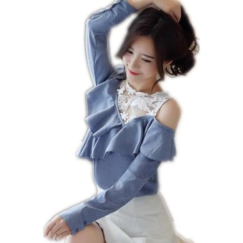 Patchwork Lace Spring Women Blouses Female Short O-Neck Long Sleeve Off-Shoulder Shirts 2019 New Hollow Out Women Blouses Q1275