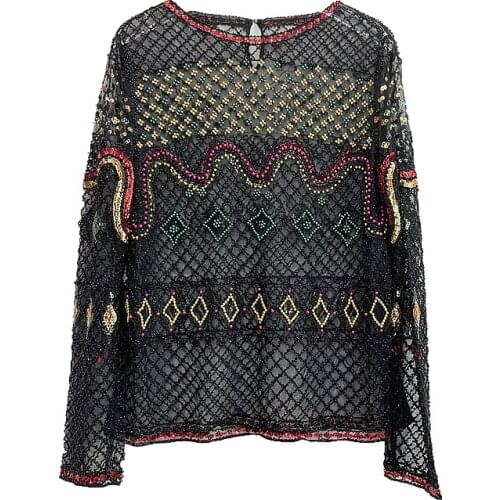 Womens Fashion Geometric Beading Sequins Tops Long Sleeve Perspective Mesh Lace Tee T Shirts