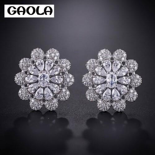 GAOLA Elegant Romatic Flower Clear Cubic Zirconia Big Stud Earrings Wedding Jewelry GLE9031