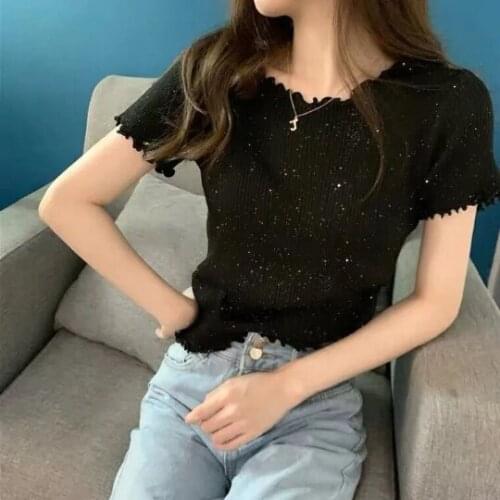 Black Summer Lady Women Knitting Crop Tops Short Sleeve Stretchy Ruffles Bright crystal T-shirts Shinning Ice silk Fashion Cloth