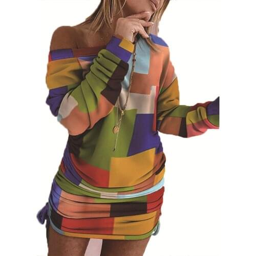 Autumn For Womens Color Contrast Dresses Fashion Diagonal Collar Printing Color Folds Lace Up Ladies Long Sleeved Dresses 2021