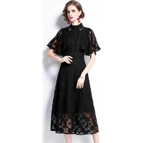 High Quality Summer New Elegant Lace Hollow Flower Crochet Women Vintage Stand Collar Flare Sleeve Black Slim A Line Dress