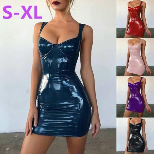Woman Wet Look Bodycon Dress Exotic Dancewear Mini Dress Clubwear Leather Fetish Latex Rubber Dress