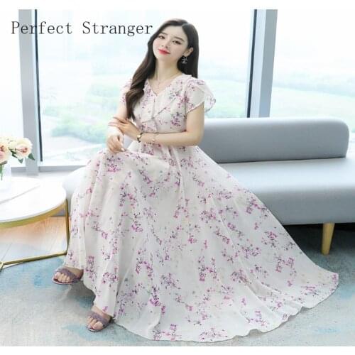 High Quality 2021 Summer Dress For Women V Collar Flower Printed Ruffles Short Sleeve Women Chiffon Long Dress M-4XL