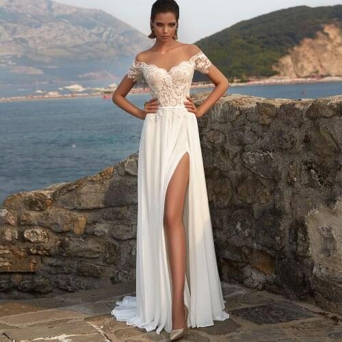 Boho Wedding Dresses 2021 Slide Split Off The Shoulder Beach Chiffon Lace Appliques V-Neck A-Line Bridal Gowns Vestidos De Novia