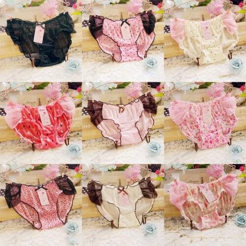 3pcs/womens Translucent Mesh Panties Mid-waist Japanese Lace Bow Print Personality Student Pink Loli Sexy Mini Girl Underwear