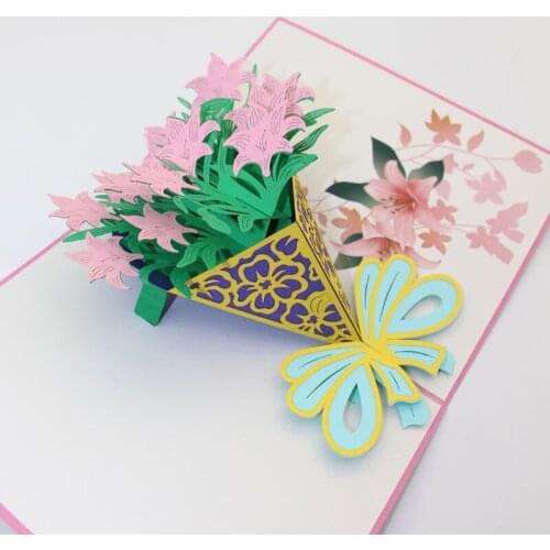 3D Laser Cut Handmade Pink Bouquet of Roses Lily Paper Invitation Greeting Cards Valentines Day Wedding Party Mothers Day Gift