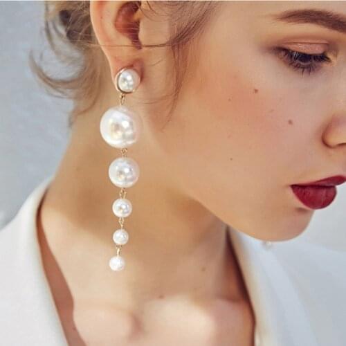 Free shipping Trendy Elegant Created Big Simulated Pearl Long Earrings Pearls String Statement Earrings For Wedding Party Gift