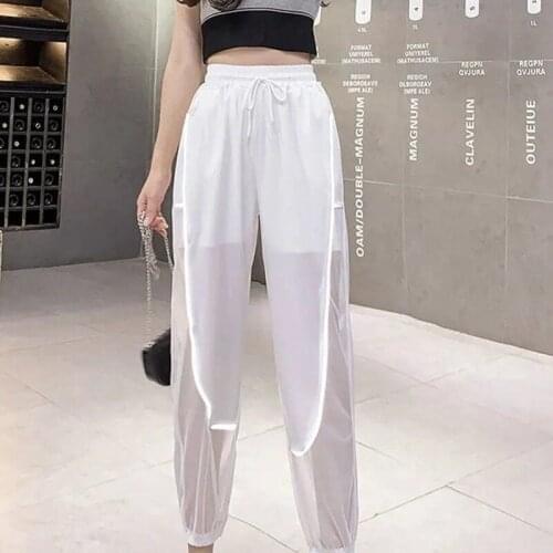 Thin High Waist Trousers Streetwear Black Loose Mesh Patchwork 2021 Summer Casual Reflective Ankle-Length Harem Pants Women X58