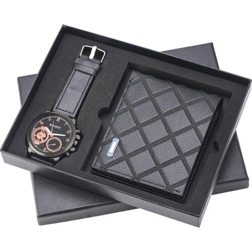 Men Watches Steel/leather Band Quartz Wrist Watch Business Men Clcok Leather Wallet Gift Set for Boyfriend Dad Reloj Masculino