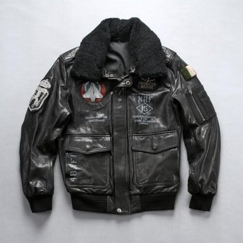 Factory 2020 New Men Black Air force flight A1 Pilot Jacket Lamb fur collar Embroidery Seahorse Rel Leather Sheepskin Jackets