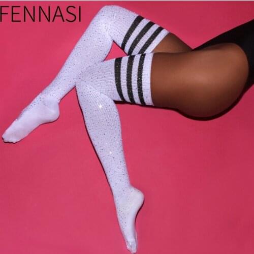 FENNASI Sexy Over-Knee Socks Striped Shiny Gypsophila With Diamonds Womens Stockings Spring Autumn High Tube Cotton Socks