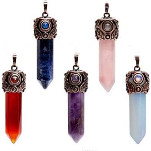 KFT Retro Antique Brass Chakra Hexagonal Prism Stone Quartz Crystal Stone Healing Pendulum Pendant Jewelry For Women Men Gift