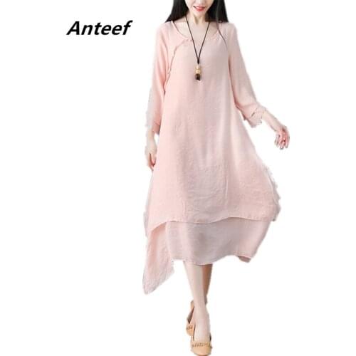 Red white pink cotton linen plus size vintage solid women casual loose long summer dress elegant clothes 2021 ladies dresses