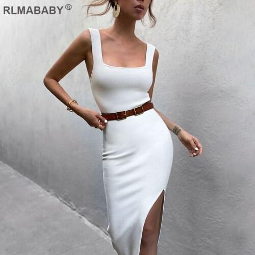 Fashion Square Collar Knee-Length Tank Dress Slim Sleeveless Backless Split Yellow Bodycon Dress Casual Street Women Sexy Dress
