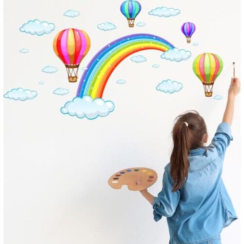 Cartoon rainbow cloud hot air balloon background sticker for kids baby room decor mural art decals home decor stickers wallpaper
