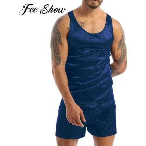 Men Satin Smooth Soft Pajamas Nightwear Sleeveless Tank Top Vest Shorts Sexy Pajamas Set Sleepwear Summer Nightgown Loungewear