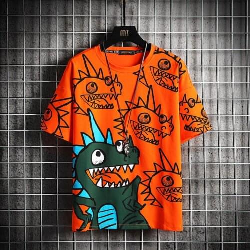 Summer Mens T-shirt Streetwear Korean Printed Dinosaur Short Sleeve Top Mens Casual Street Dance Mens Clothing Sweatshirt