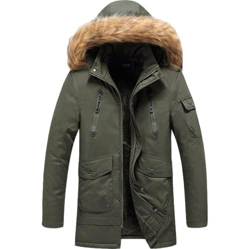 Mens Winter Parka Jacket Thick Padding Warm Cotton Windbreaker Casual Faux Fur Hooded Detachable Medium Length Coat