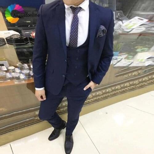 Custom Made Navy Blue Men Suits for Wedding Slim Fit Groom Tuxedos Business Men Blazers 3 Piece Jacket Pants Vest Costume Ternos