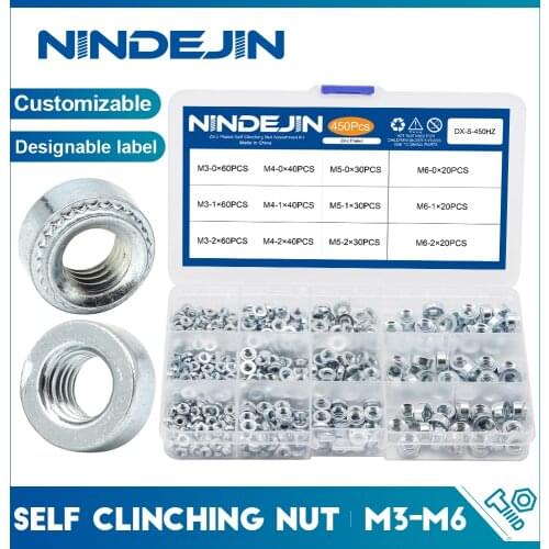 NINDEJIN 450pcs self clinching nut S zinc plated galvanized steel M3 M4 M5 M6 swage nut press-fit nut assortment kit Fastener