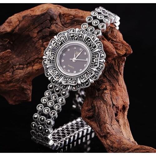 New Arrival Chrysanthemum Jewelry Watch Classical S925 Sterling Silver Watch Mosaic Stone Bracelet Watches Dropshipping