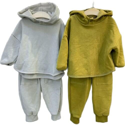 Autumn 2021 Korean Childrens Clothing Set Boys And Girls Fashion Simple Hooded Top + Pant Cotton Baby Kids 2 Piece Suit