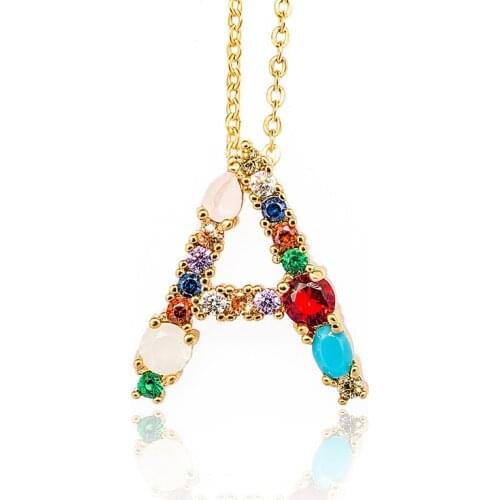 Gold Color Initial Multicolor CZ Necklace Colourful Letter Necklace Name Jewelry For Women Accessories Girlfriend Gift