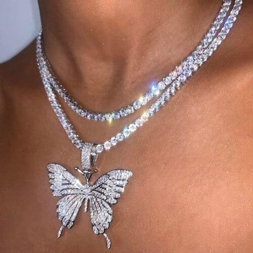 Big Butterfly Pendant Necklace Rhinestone Chain for Women Bling Tennis Chain Crystal Choker Necklace Party Jewelry