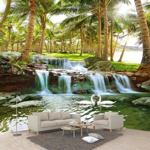 Custom Wallpaper 3D Coconut Forest Waterfalls Photo Wall Murals Living Room TV Sofa Background Wall Sticker Self-Adhesive Decor