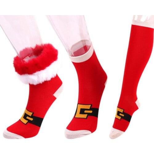 Christmas Red White Striped Socks with Fur Trim Xmas Holiday Gift Cotton Mid Claf Socks Winter Stockings Thighs
