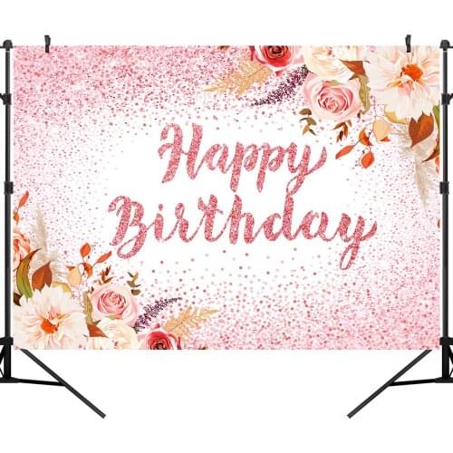 Rose Gold Birthday Backdrop Girl Female Happy Birthday Party Photography Backdrop Blush Pink Flowers Rose Gold Glittering Props