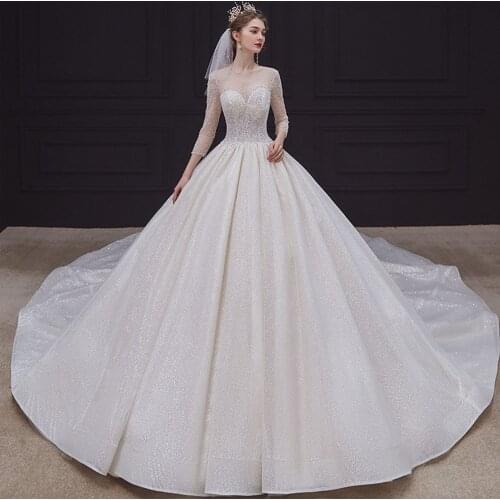 Custom Made Three Quarter Sleeve Full Beads Lace Up Back Shiny Ball Gown Wedding Dresses China Shop Online Vestido De Noiva