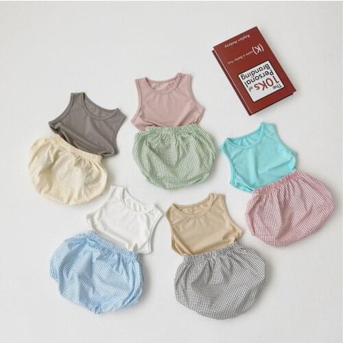 1-3Y Baby Childrens Clothes Sets for Kids Vest Tops+Plaid Triangle Shorts Suit for Girls Boys Newborn Clothing