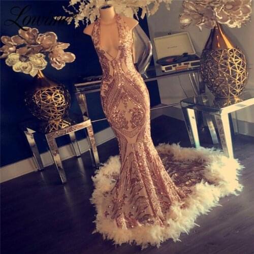 Halter Feather Evening Dresses For Dubai Arabic Mermaid Sequins Pageant Prom Dress Ladies Formal Dresses 2020 Custom Made Party