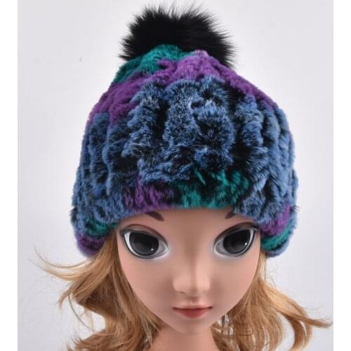 Knitted rex rabbit fur hat real fur cat ear hat girls beanies with fox fur Kids hand knitted headwear