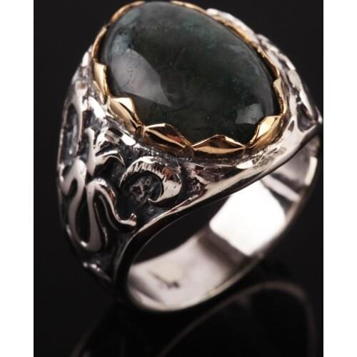 UM US JEWELRY Mossy Agate Gemstone 925 Sterling Silver Men Ring
